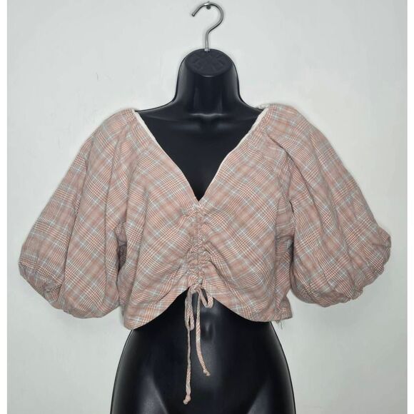 DRA Los Angeles Plaid Crop Top Size Medium Cinched Balloon Sleeves - Picture 1 of 6